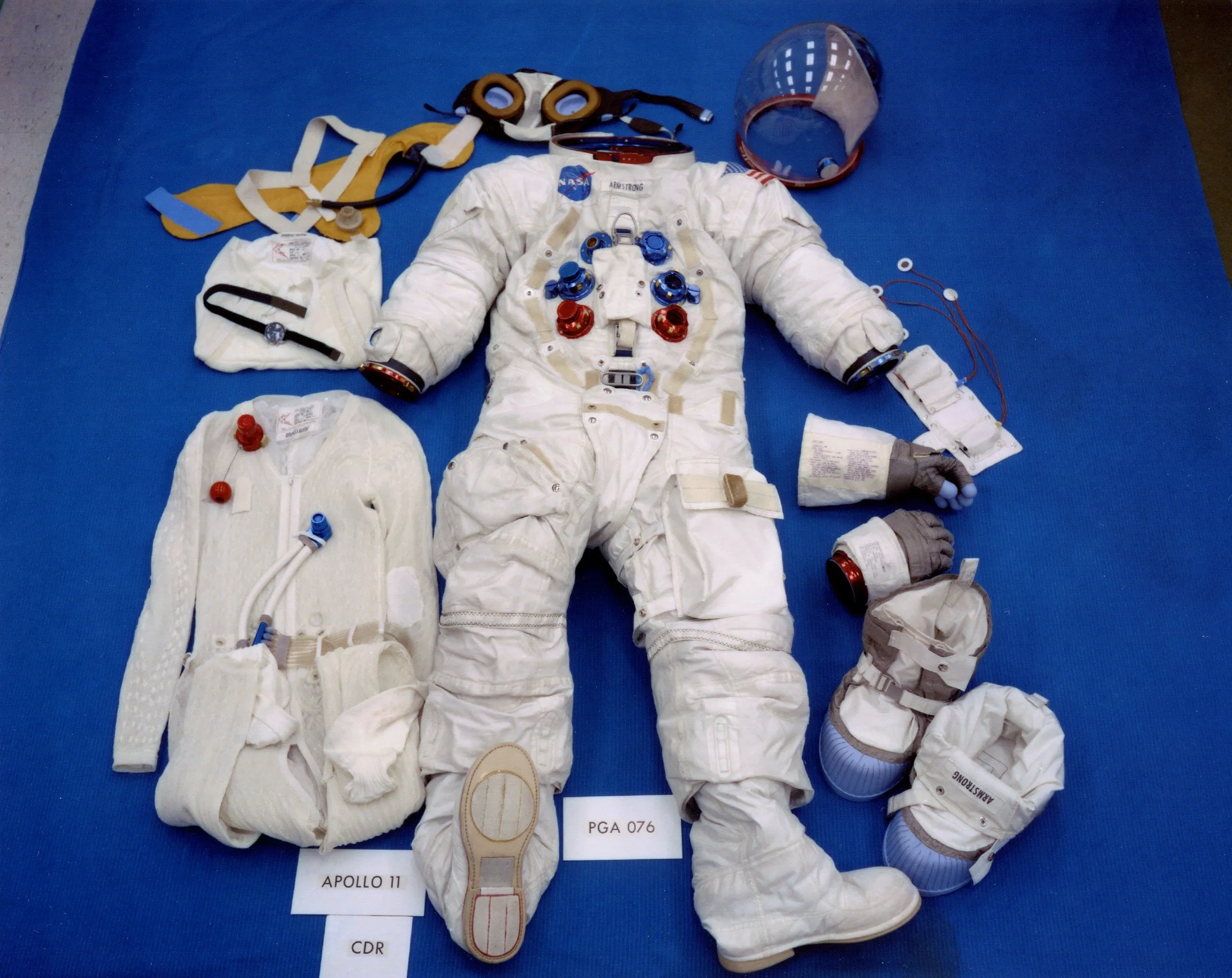 Neil Armstrong's Apollo 11 spacesuit on display, empty, before the mission launch