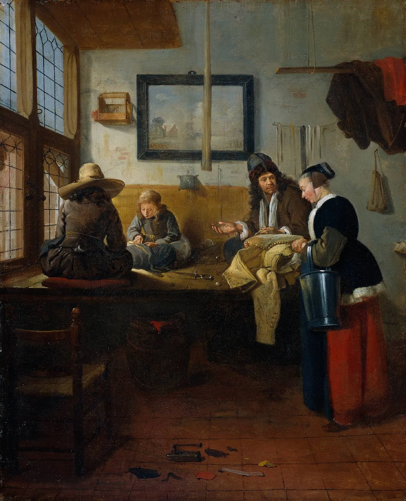 A Dutch Golden Age painting of tailors at work in a workshop, cutting and stitching garments on a raised platform