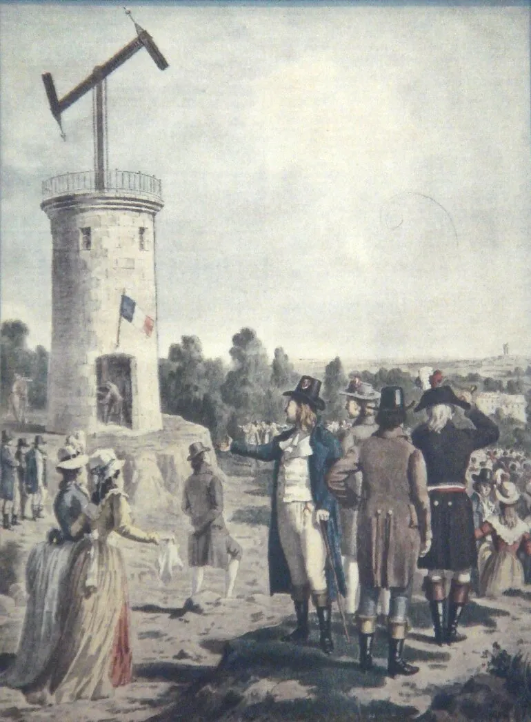 A nineteenth-century painting of a Chappe semaphore tower, with citizens gathered below watching the rotating arms at the top of the tower transmit a message across the countryside.
