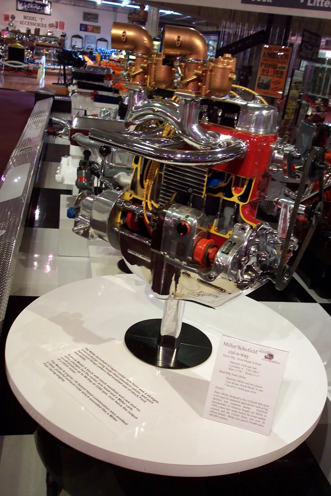 A Miller-Schofield engine cutaway based on a 1920s Ford Model A, photographed at the Museum of American Speed in Lincoln, Nebraska.