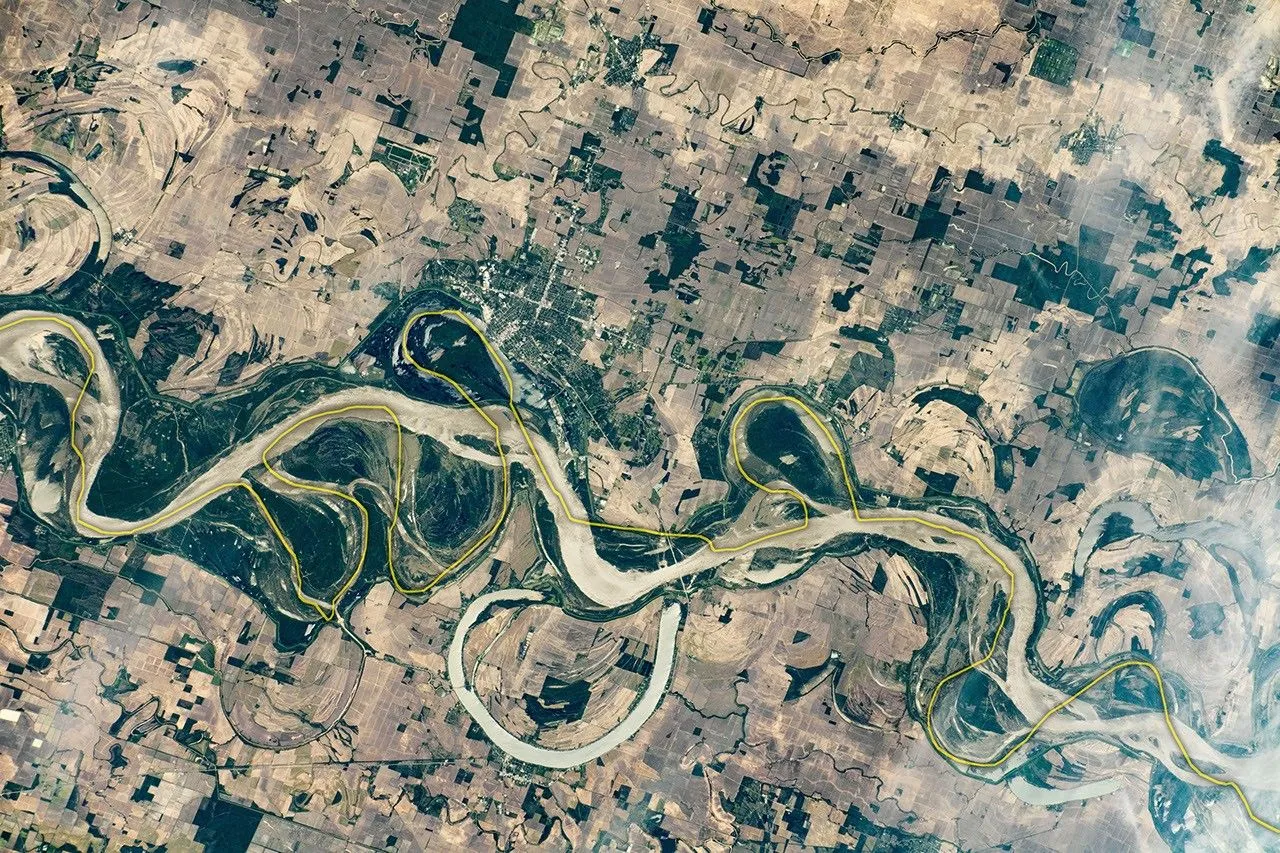 Meandering bends of the Mississippi River and Lake Chicot oxbow, photographed from the ISS