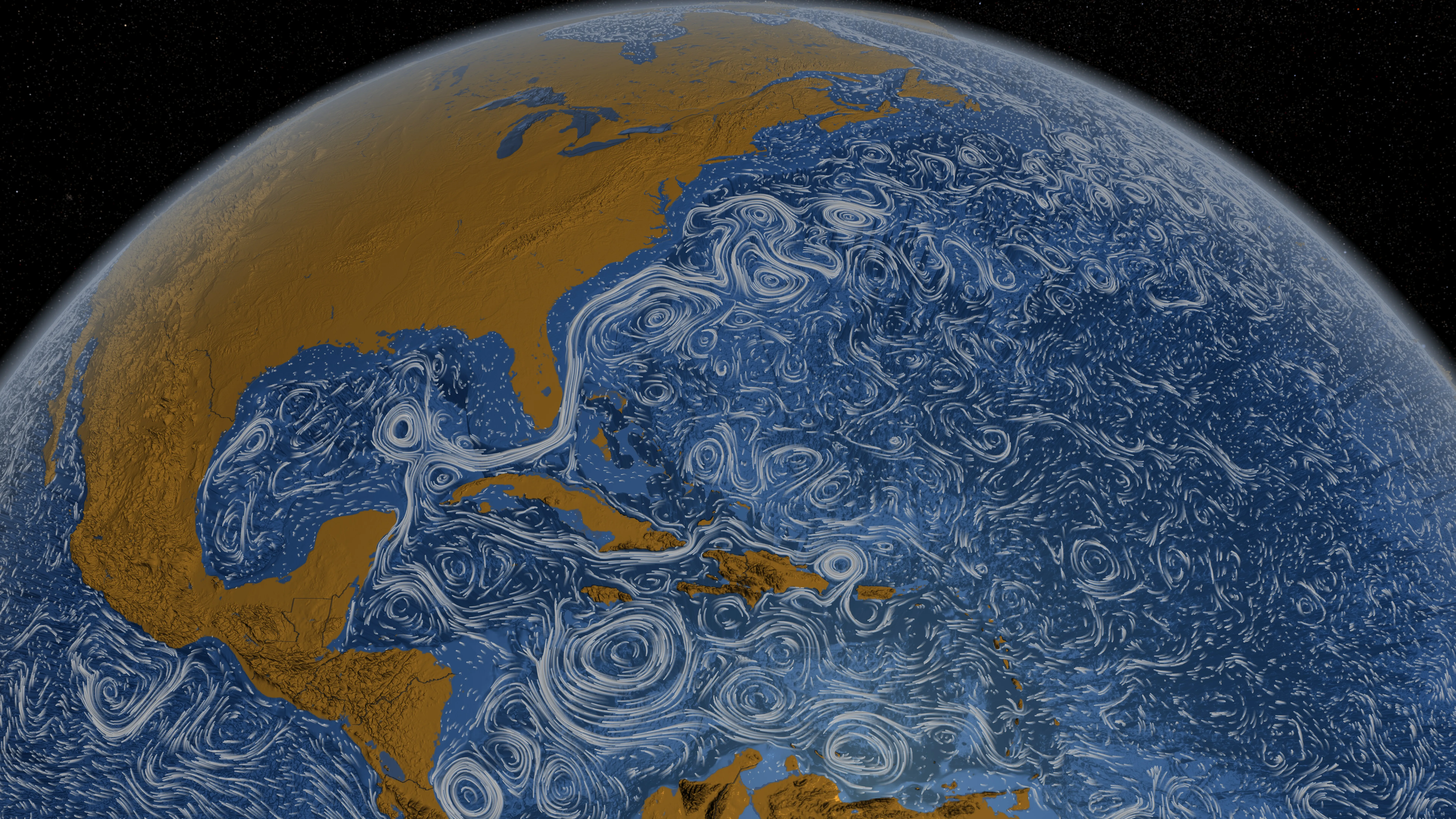 NASA visualization of global ocean surface currents, showing a complex network of swirling flows connecting every ocean basin