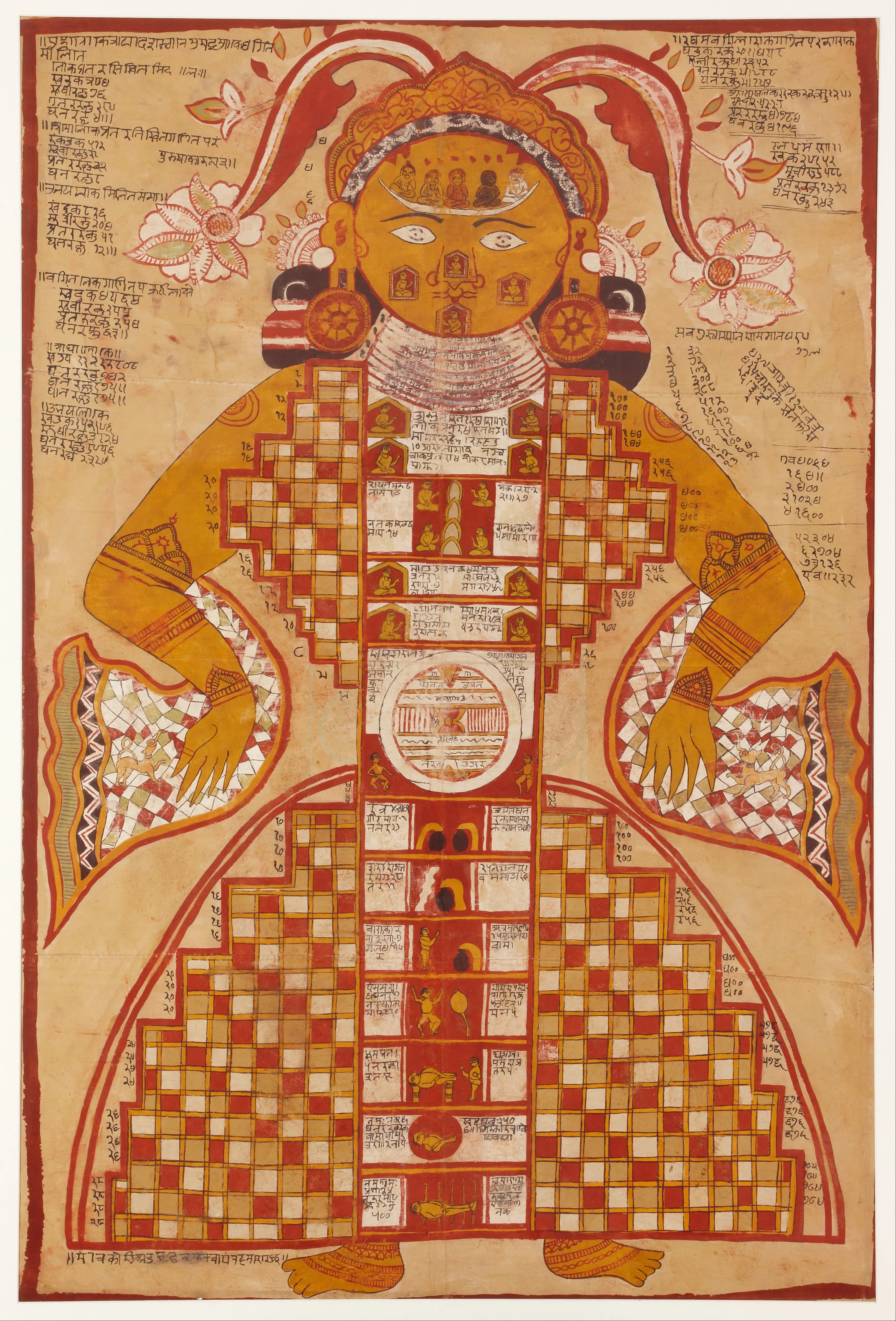 A traditional Indian yantra painting, gouache on silk, geometric concentric figures in deep red and ochre with detailed structural patterns